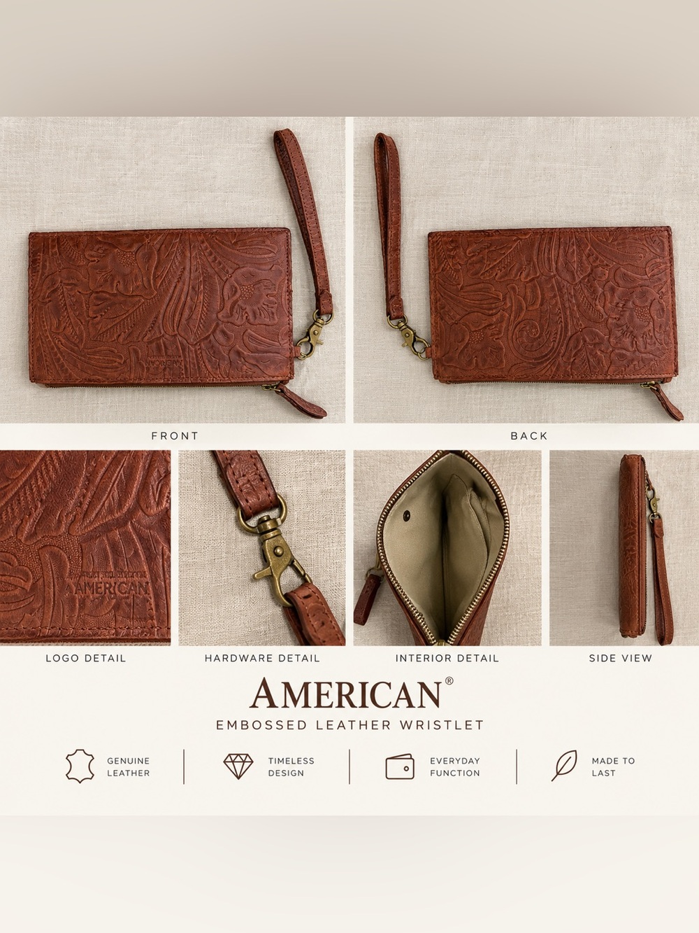 America Leather Embossed Floral Leather Wristlet Clutch - Brown